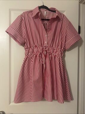 BNWT Red and White Striped Drawstring Shirt Dress